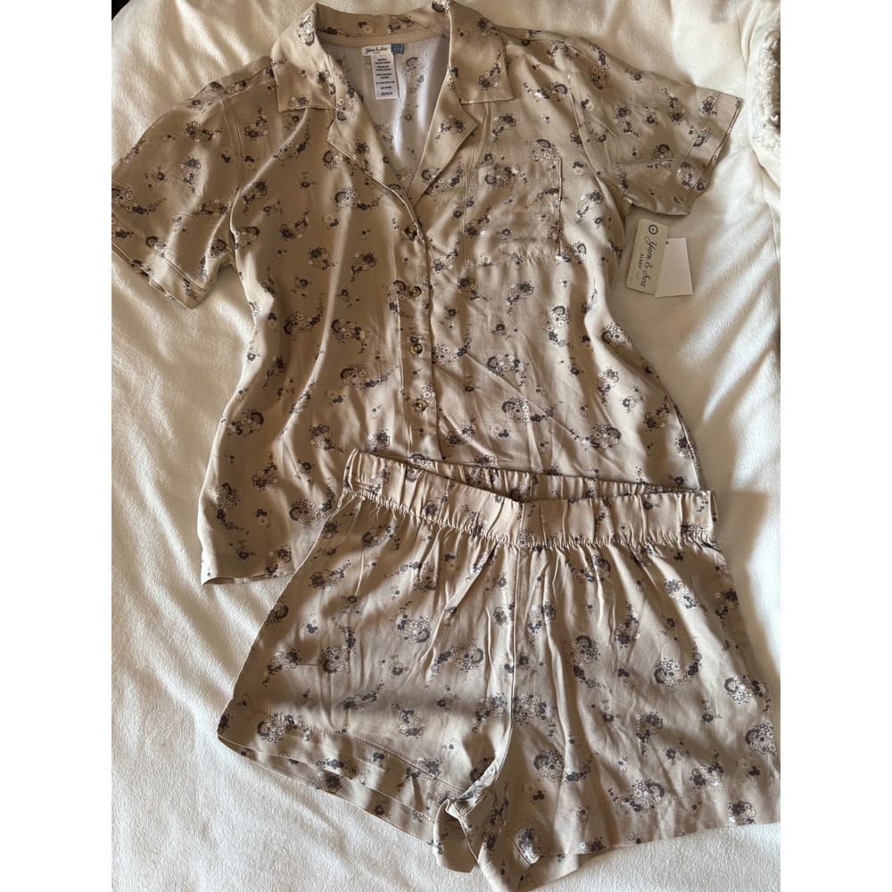 Yarn & Sea Sleep Womens Tan Floral Paisley Pajama Set Rayon XS 33079 NX NWT